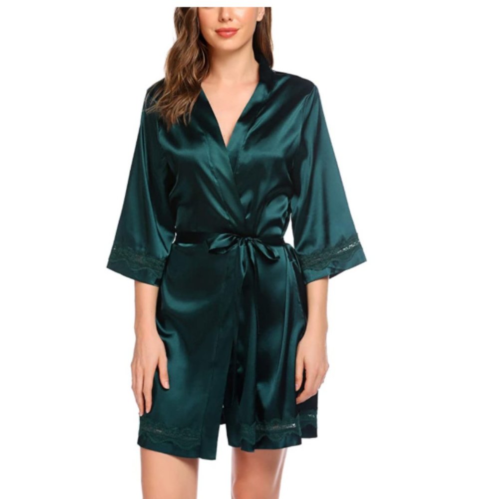 NEW! Sexy Lace Trim Silky Satin Kimono Robe
